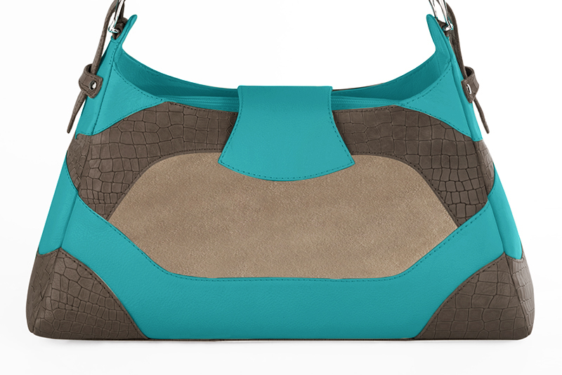 Dress handbag in taupe brown, tan beige and aquamarine blue leather - Rear view